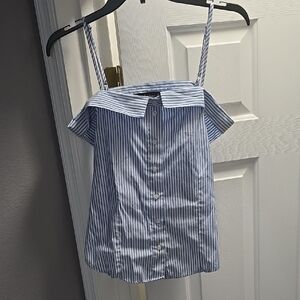 Derek Heart Blue and White Striped Off-Shoulder Button Front Top